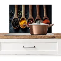 KitchenYeah Spatscherm keuken 60x40 cm - Kookplaat achterwand Houten - Lepels - Specerijen - Kruiden - Muurbeschermer - Spatwand fornuis - Hoogwaardig aluminium