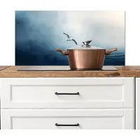 KitchenYeah Spatscherm keuken 90x45 cm - Kookplaat achterwand Meeuw - Wit - Zee - Mistig - Muurbeschermer - Spatwand fornuis - Hoogwaardig aluminium