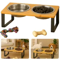 Cheqo Dubbele Voerbak Voor Honden & Katten – RVS Voerbakken met Bamboe Standaard – Verhoogde Eet- en Drinkbak – Antislip Voerbak met Houder – Waterafstotend – Ergonomisch – Voor Kleine Huisdieren