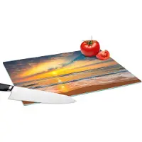 KitchenYeah Glazen Snijplank - 39x28 - Zonsondergang - Strand - Zee - Wolken - Oranje - Snijplanken Glas