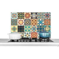 KitchenYeah Spatscherm keuken 80x55 cm - Kookplaat achterwand Bloemen - Vintage - Patroon - Blauw - Oranje - Muurbeschermer - Spatwand fornuis - Hoogwaardig aluminium
