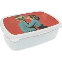 MuchoWow Broodtrommel Wit - Lunchbox Vrouw - Retro - Discobal - Kus - Brooddoos 18x12x6 cm - Brood lunch box - Broodtrommels voor kinderen en volwassenen