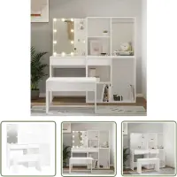 vidaXL Make-up Tafel - Kaptafel - Kaptafelset met LED's bewerkt hout wit - Dressing Table - Witte Kaptafel - Houten Kaptafel