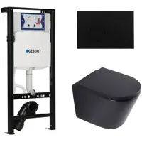 Geberit QeramiQ Dely Toiletset - 36.3x51.7cm - diepspoel - rimless - UP320 plieger inbouwreservoir - softclose toilet zitting - 35mm - kunststof mat zwarte bedieningsplaat - ronde knoppen - mat zwart