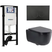 Geberit QeramiQ Dely Swirl Toiletset - 36.3x51.7cm - Inbouwreservoir met UP320 spoelmechanisme - slim zitting - mat zwarte bedieningsplaat - ronde knoppen - mat zwart