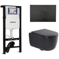 Geberit QeramiQ Dely Swirl Toiletset - 36.3x51.7cm - Inbouwreservoir met UP320 spoelmechanisme - 35mm zitting - mat zwarte metalen bedieningsplaat - ronde knoppen - mat zwart