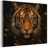 MuchoWow Aluminium schilderij 40x30 cm - Wanddecoratie metaal - Bladeren - Tijger - Oranje - Metalen muurdecoratie woonkamer - Decoratie industrieel - Foto op dibond - Industriële accessoires slaapkamer