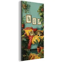 MuchoWow Aluminium schilderij 80x160 cm - Wanddecoratie metaal - Kat - Planten - Groen - Metalen muurdecoratie woonkamer - Decoratie industrieel - Foto op dibond - Industriële accessoires slaapkamer