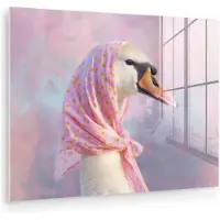 MuchoWow Glasschilderij 160x120 cm - Schilderij acrylglas - Zwaan - Sjaaltje - Pastelwolken - Foto op glas - Muurdecoratie woonkamer - Wanddecoratie slaapkamer - Schilderijen