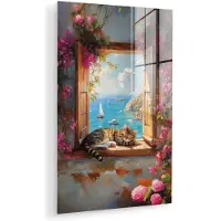 MuchoWow Glasschilderij 120x180 cm - Schilderij acrylglas - Kat - Blauwe zee - Roze bloemen - Foto op glas - Muurdecoratie woonkamer - Wanddecoratie slaapkamer - Schilderijen