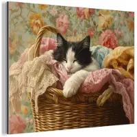 MuchoWow Aluminium schilderij 40x30 cm - Wanddecoratie metaal - Kat - Bloemenprint - Rieten mand - Metalen muurdecoratie woonkamer - Decoratie industrieel - Foto op dibond - Industriële accessoires slaapkamer