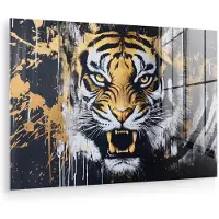 MuchoWow Glasschilderij 180x120 cm - Schilderij acrylglas - Tijger - Verfspatten - Goud - Foto op glas - Muurdecoratie woonkamer - Wanddecoratie slaapkamer - Schilderijen