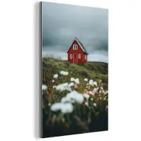 MuchoWow Aluminium schilderij 120x180 cm - Wanddecoratie metaal - Heuvel - Huisje - Bloemen - Wit - Metalen muurdecoratie woonkamer - Decoratie industrieel - Foto op dibond - Industriële accessoires slaapkamer