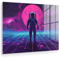 MuchoWow Glasschilderij 160x120 cm - Schilderij acrylglas - Astronaut - Maan - Roze - Sterrennevels - Foto op glas - Muurdecoratie woonkamer - Wanddecoratie slaapkamer - Schilderijen