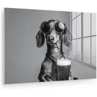 MuchoWow Glasschilderij 180x120 cm - Schilderij acrylglas - Teckel - Bier - Glas - Bril - Foto op glas - Muurdecoratie woonkamer - Wanddecoratie slaapkamer - Schilderijen