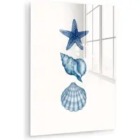 MuchoWow Glasschilderij 120x160 cm - Schilderij acrylglas - Zeester - Schelpen - Blauw - Foto op glas - Muurdecoratie woonkamer - Wanddecoratie slaapkamer - Schilderijen