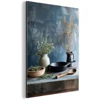 MuchoWow Aluminium schilderij 120x160 cm - Wanddecoratie metaal - Pan - Kruiden - Schilderachtig - Metalen muurdecoratie woonkamer - Decoratie industrieel - Foto op dibond - Industriële accessoires slaapkamer