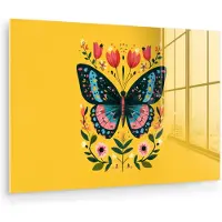 MuchoWow Glasschilderij 150x100 cm - Schilderij acrylglas - Bloemen - Kleurrijk - Vlinder - Sierlijk - Foto op glas - Muurdecoratie woonkamer - Wanddecoratie slaapkamer - Schilderijen