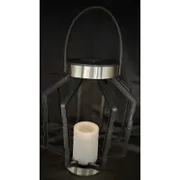 Impuls Kunststof solarlamp lantaarn met bruine riem - met flame effect kaars - zwart + bruin - tafel model / hangend model - hoogte 36 x 20 x 11 cm - Tuindecoratie - Tuinverlichting