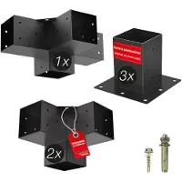 Sotech bevestigingsset 6-delig (2x hoekverbinder + 1x middenverbinder + 3x grondhulzen) vierkant 90 x 90 mm staal verzinkt en zwart gepoedercoat voor maximale corrosiebescherming