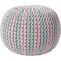 Homescapes - Gebreide ronde poef - Streepdesign - Katoen - Licht blauw-roze - 35 x 40 cm