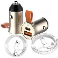 LDNIO Auto Oplader - 1x USB C naar USB C - 1x USB A Kabel (1M) wit & Auto Stekker - USB A & C Snel Lader 30W - PD20W/QC3.0 Autolader