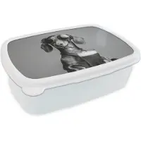 MuchoWow Broodtrommel Wit - Lunchbox Teckel - Bier - Glas - Bril - Brooddoos 18x12x6 cm - Brood lunch box - Broodtrommels voor kinderen en volwassenen