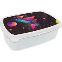 MuchoWow Broodtrommel Wit - Lunchbox Driehoeken - Cirkels - Abstract - Sterren - Brooddoos 18x12x6 cm - Brood lunch box - Broodtrommels voor kinderen en volwassenen
