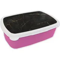 MuchoWow Broodtrommel Roze - Lunchbox Zwart marmer - Gouden aders - Klassiek - Brooddoos 18x12x6 cm - Brood lunch box - Broodtrommels voor kinderen en volwassenen