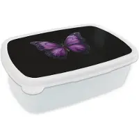 MuchoWow Broodtrommel Wit - Lunchbox Vlinder - Paars - Levendig - Brooddoos 18x12x6 cm - Brood lunch box - Broodtrommels voor kinderen en volwassenen