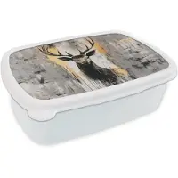 MuchoWow Broodtrommel Wit - Lunchbox Abstract - Hert - Gewei - Goud - Brooddoos 18x12x6 cm - Brood lunch box - Broodtrommels voor kinderen en volwassenen