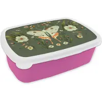 MuchoWow Broodtrommel Roze - Lunchbox Bloemen - Bladeren - Olijfgroen - Vlinder - Brooddoos 18x12x6 cm - Brood lunch box - Broodtrommels voor kinderen en volwassenen