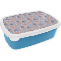 MuchoWow Broodtrommel Blauw - Lunchbox Nostalgisch - Kust - Zee - Hibiscus - Blauw - Roze - Brooddoos 18x12x6 cm - Brood lunch box - Broodtrommels voor kinderen en volwassenen
