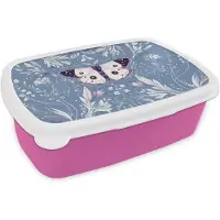 MuchoWow Broodtrommel Roze - Lunchbox Vlinder - Bloemtakken - Lichtblauw - Brooddoos 18x12x6 cm - Brood lunch box - Broodtrommels voor kinderen en volwassenen