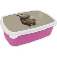 MuchoWow Broodtrommel Roze - Lunchbox Neushoorn - Witte bloemen - Lief - Brooddoos 18x12x6 cm - Brood lunch box - Broodtrommels voor kinderen en volwassenen