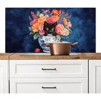 KitchenYeah Spatscherm keuken 120x60 cm - Kookplaat achterwand Kat - Felgekleurde bloemen - Vaas - Muurbeschermer - Spatwand fornuis - Hoogwaardig aluminium