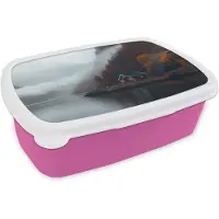 MuchoWow Broodtrommel Roze - Lunchbox Huis - Rood - Bergen - Water - Brooddoos 18x12x6 cm - Brood lunch box - Broodtrommels voor kinderen en volwassenen