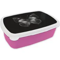 MuchoWow Broodtrommel Roze - Lunchbox Vlinder - Grijs - Mysterieus - Brooddoos 18x12x6 cm - Brood lunch box - Broodtrommels voor kinderen en volwassenen