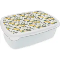 MuchoWow Broodtrommel Wit - Lunchbox Frans - Citroen - Citrus - Bloesem - Geel - Groen - Blauw - Brooddoos 18x12x6 cm - Brood lunch box - Broodtrommels voor kinderen en volwassenen