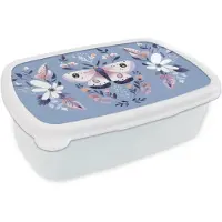 MuchoWow Broodtrommel Wit - Lunchbox Vlinder - Vleugels - Stippen - Bloemen - Brooddoos 18x12x6 cm - Brood lunch box - Broodtrommels voor kinderen en volwassenen