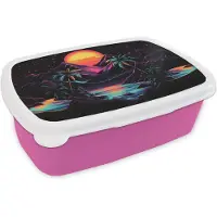 MuchoWow Broodtrommel Roze - Lunchbox Palmbomen - Neonbergen - Sterrenhemel - Zon - Brooddoos 18x12x6 cm - Brood lunch box - Broodtrommels voor kinderen en volwassenen