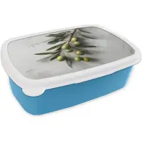 MuchoWow Broodtrommel Blauw - Lunchbox Olijventak - Beton print - Mediterraan - Brooddoos 18x12x6 cm - Brood lunch box - Broodtrommels voor kinderen en volwassenen