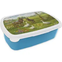 MuchoWow Broodtrommel Blauw - Lunchbox Ezels - Ganzen - Kleurrijk - Brooddoos 18x12x6 cm - Brood lunch box - Broodtrommels voor kinderen en volwassenen