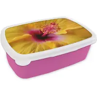 MuchoWow Broodtrommel Roze - Lunchbox Geel - Hibiscus - Tropisch - Brooddoos 18x12x6 cm - Brood lunch box - Broodtrommels voor kinderen en volwassenen