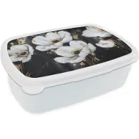 MuchoWow Broodtrommel Wit - Lunchbox Bloemen - Wit - Abstract - Brooddoos 18x12x6 cm - Brood lunch box - Broodtrommels voor kinderen en volwassenen