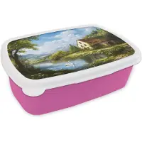 MuchoWow Broodtrommel Roze - Lunchbox Zwaan - Bomen - Rust - Brooddoos 18x12x6 cm - Brood lunch box - Broodtrommels voor kinderen en volwassenen