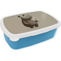 MuchoWow Broodtrommel Blauw - Lunchbox Neushoorn - Witte bloemen - Lief - Brooddoos 18x12x6 cm - Brood lunch box - Broodtrommels voor kinderen en volwassenen