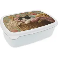 MuchoWow Broodtrommel Wit - Lunchbox Kat - Bloemenprint - Rieten mand - Brooddoos 18x12x6 cm - Brood lunch box - Broodtrommels voor kinderen en volwassenen