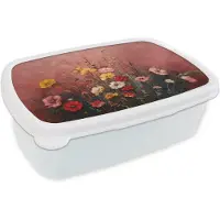 MuchoWow Broodtrommel Wit - Lunchbox Bloemenboeket - Fijne details - Roze - Brooddoos 18x12x6 cm - Brood lunch box - Broodtrommels voor kinderen en volwassenen