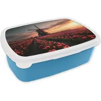 MuchoWow Broodtrommel Blauw - Lunchbox Molen - Zonsondergang - Tulpen - Rood - Brooddoos 18x12x6 cm - Brood lunch box - Broodtrommels voor kinderen en volwassenen